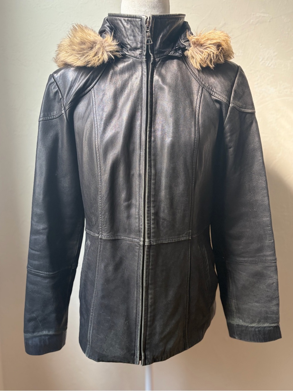 Worthington Genuine Lambskin Leather Coat Faux Fur Hood Black Small